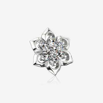 14 Karat White Gold Brilliant Sparkle Lotus Flower Dermal Anchor Top Part-Clear Gem